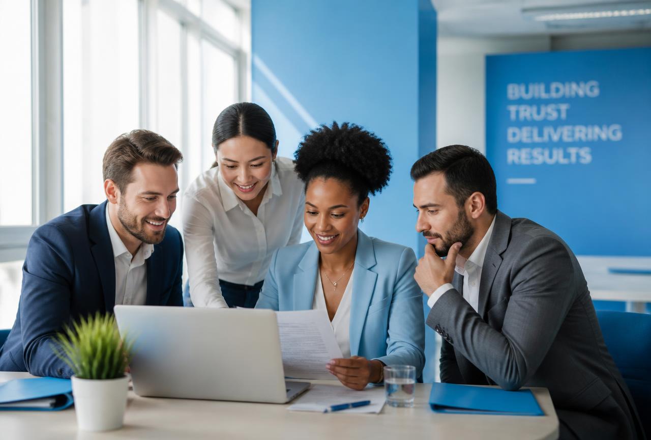 Business team reviewing a contract together in a modern office
